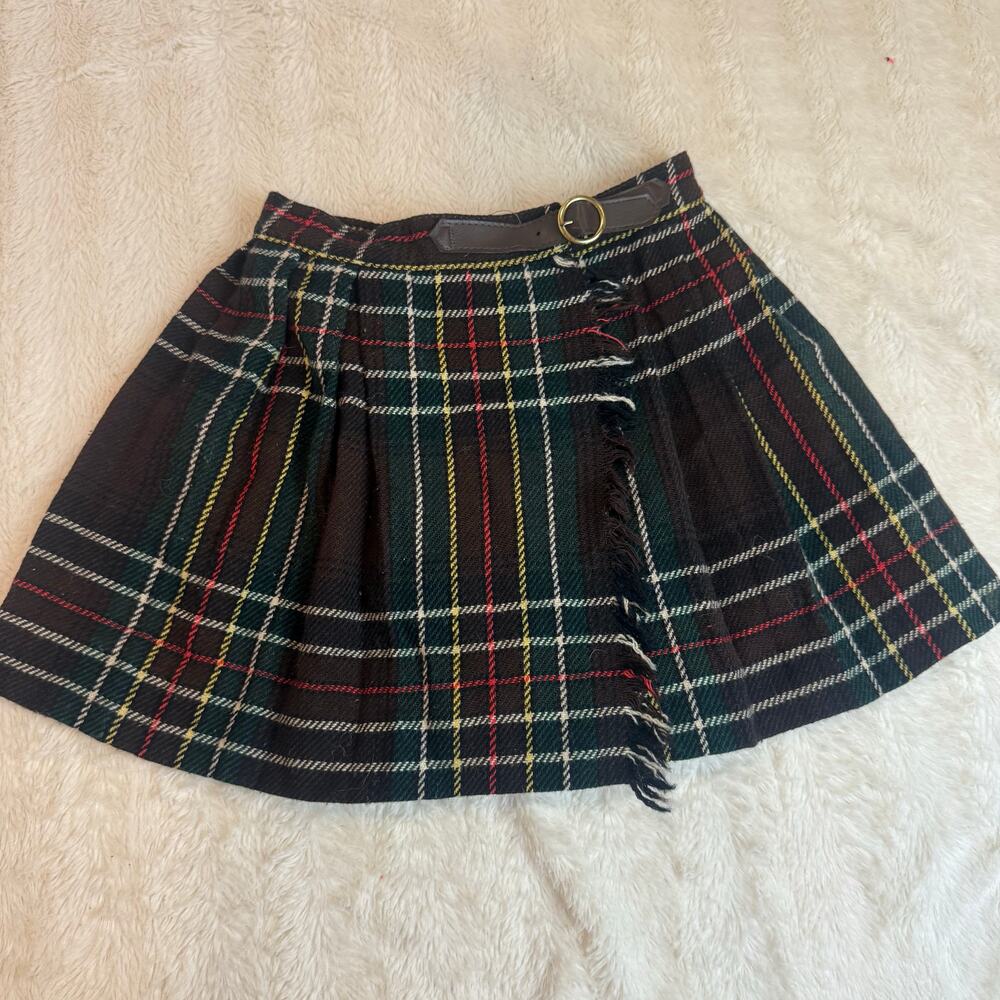 Vintage Kilt Pandora Skirt Tartan Plaid Fringe Belt Green Brown 4 4T Girls